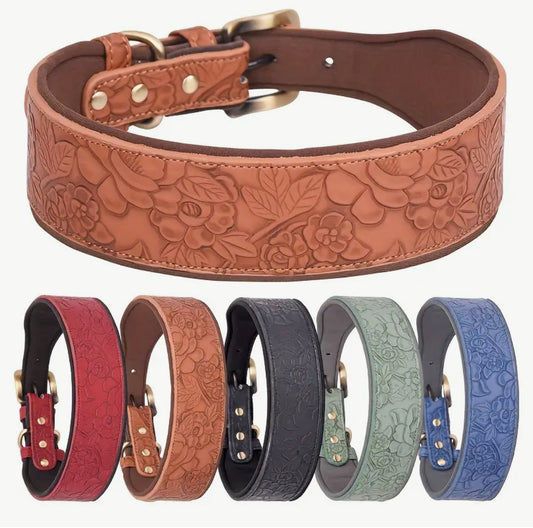 Embossed leather floral print collar